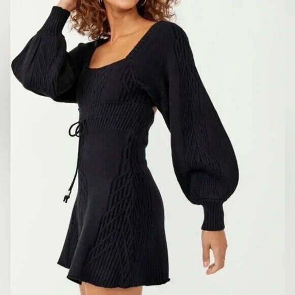 Free People Dresses & Skirts - Free People Emmaline Mini Sweater Dress Womens Size L Black Cable Knit Boho Chic